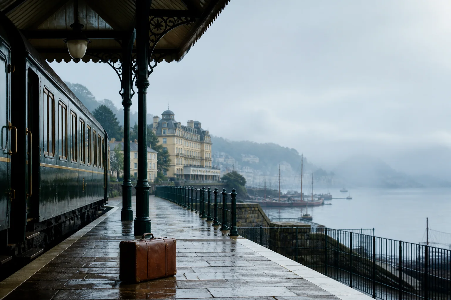 A misty railway platform above a European harbour with an unattended suitcase